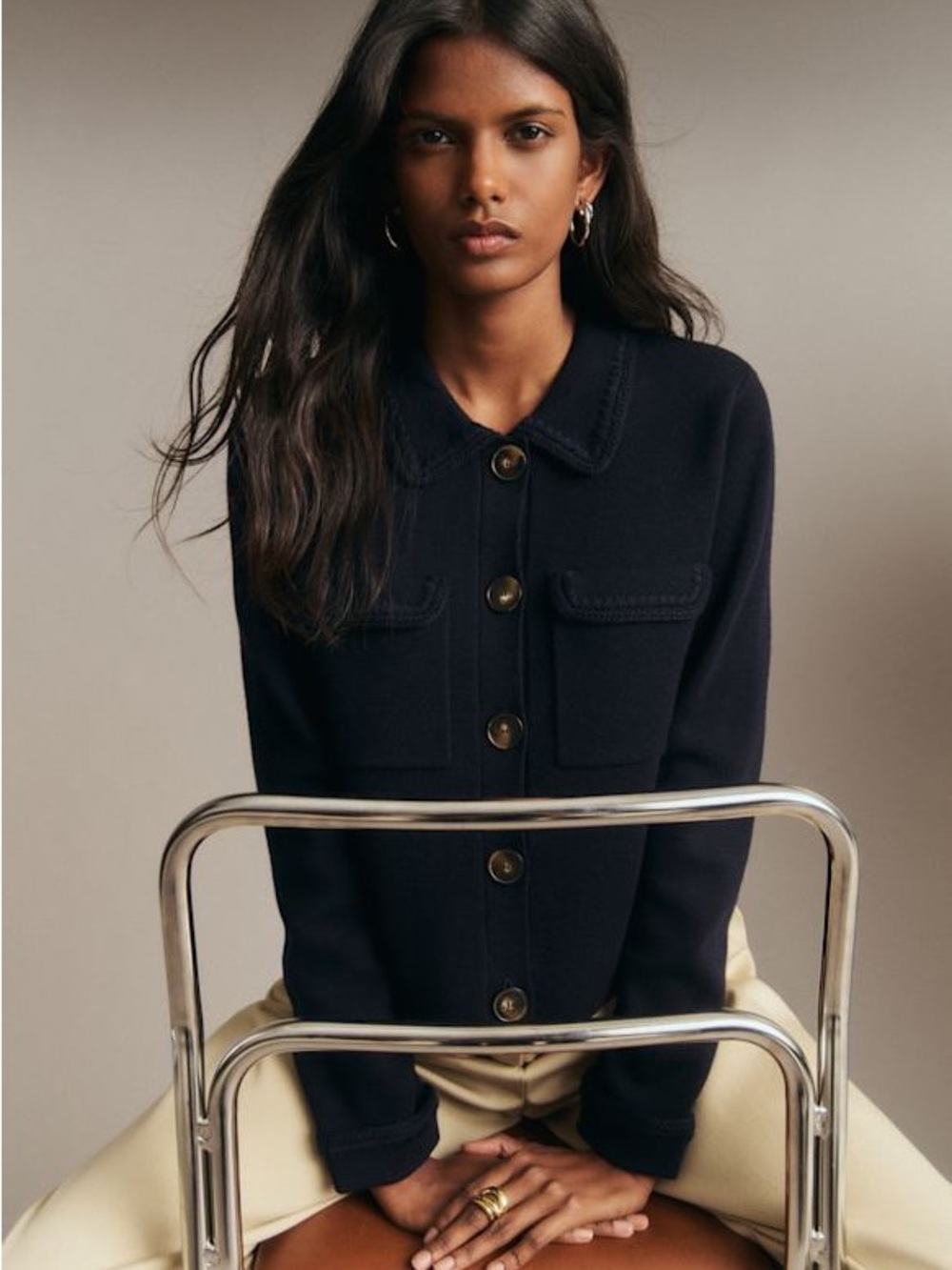 Sezane Betty Cardigan in Navy Crochet Button-Front 100% Merino Wool XL Preppy